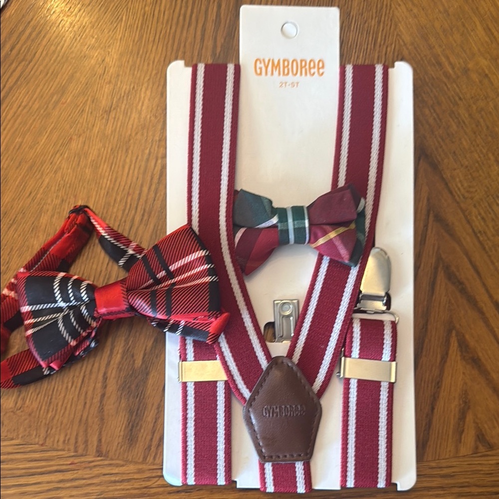 Gymboree Red and White Striped Suspenders with Bow Ties